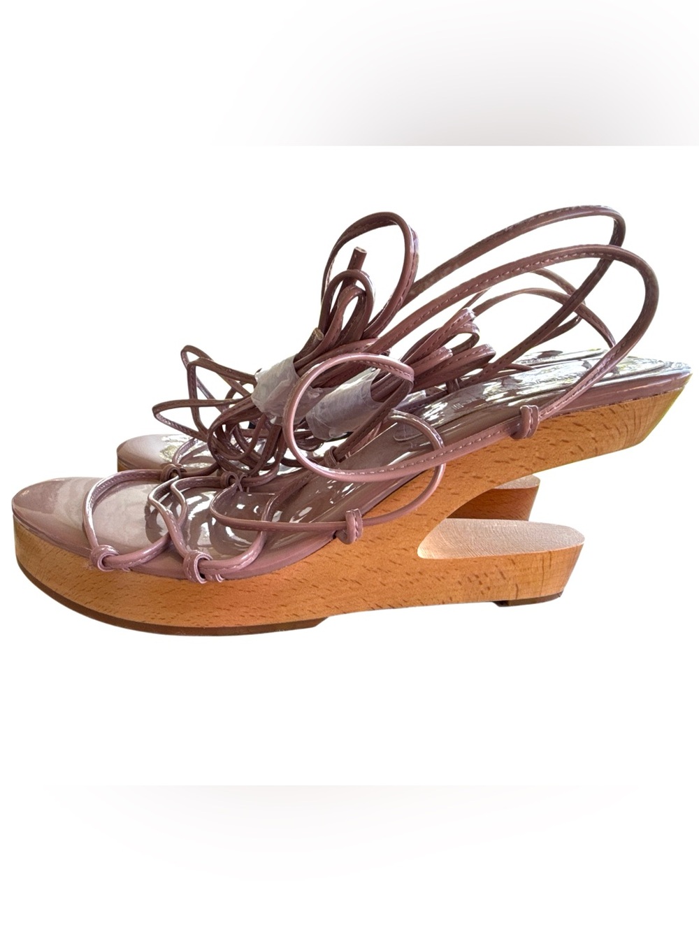 JEFFREY CAMPBELL STRAPPY POSH-3 DUSTY BLUSH PATENT WOOD PLATFORM SANDAL